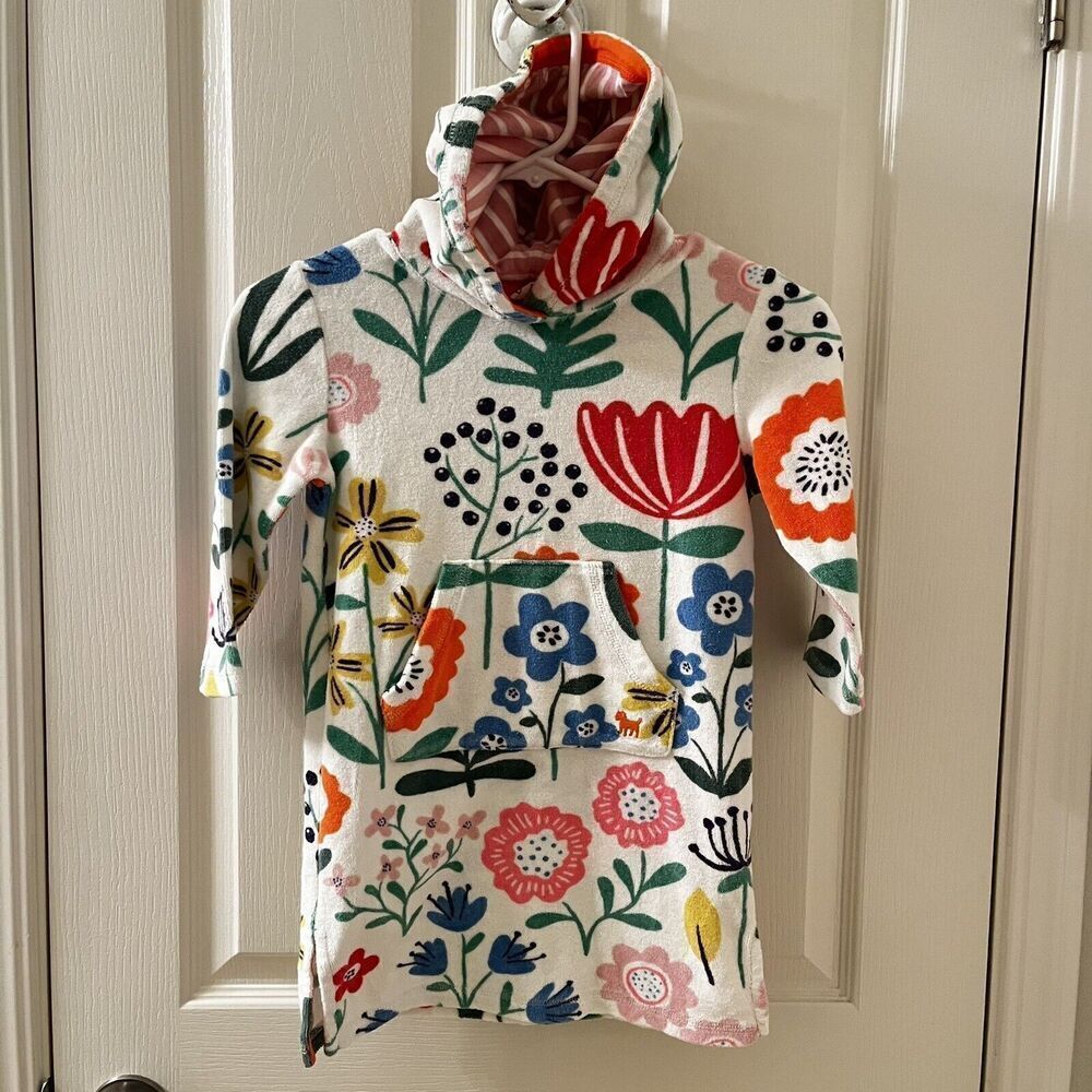 Mini Boden White Floral Swim Dress Cover Up Towelling Terry Hooded Girls SZ 3-4